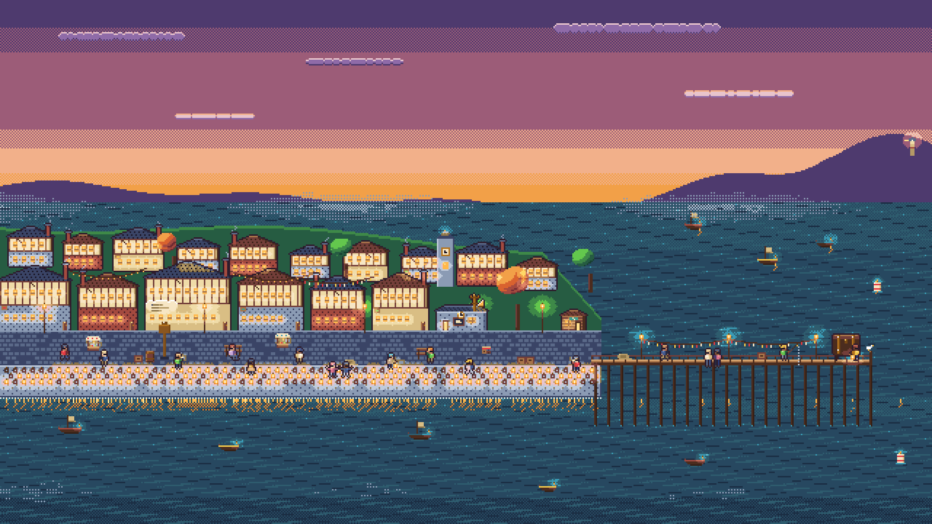 Dusk over Snugport harbour: lamplit houses stacked above a cobbled quay, a granite wall hung with lanterns, residents chatting, dancing and fishing, and a wooden pier running out into the bay with a tide chest at its end.